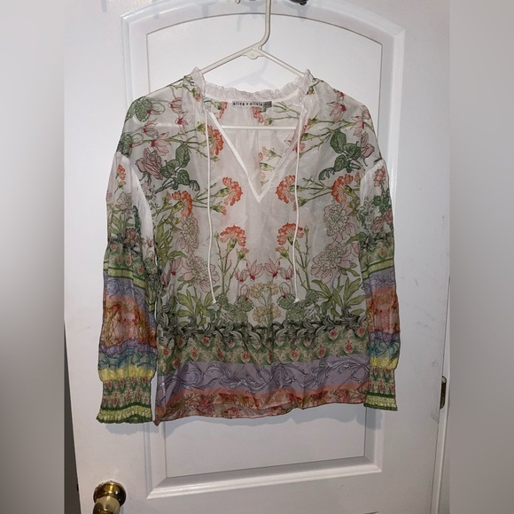 New! Alice + Olivia Julius Floral Blouson Sleeve Tie Front Top 🌻 XS - Picture 7 of 10